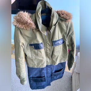 Barney's New York Olive and Navy Parka with Faux Fur Removable Hood Small